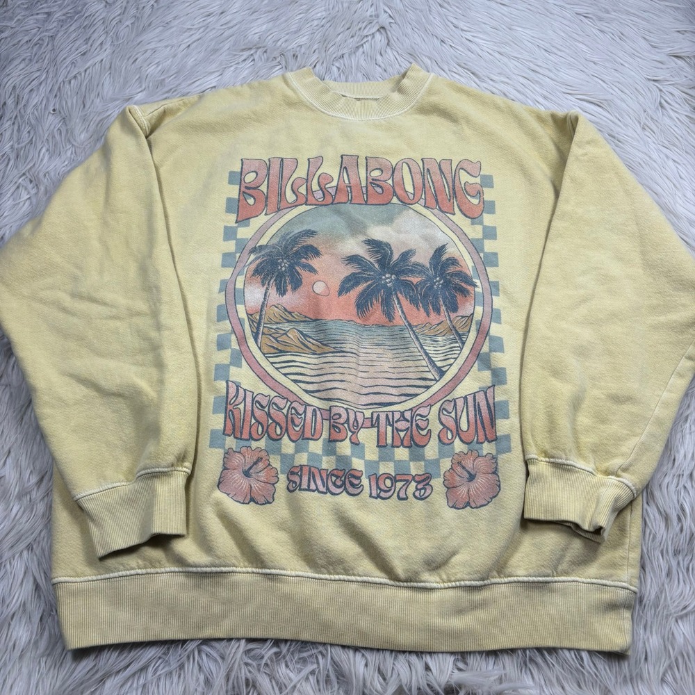 Billabong Women's S Oversized Yellow Graphic Crew Sweatshirt Beach Palm Trees